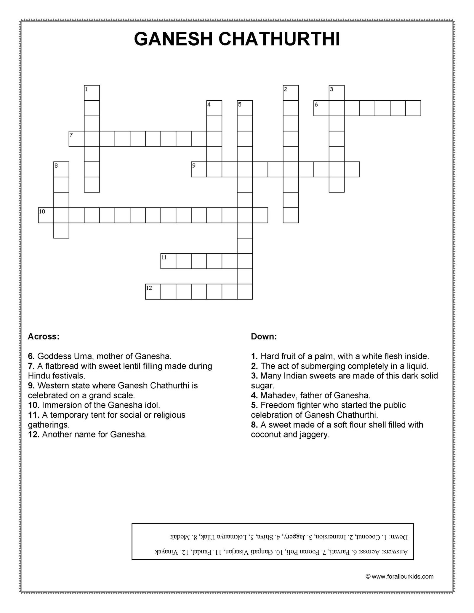 Crosswords Puzzles: Festivals of India 2 For All our Kids