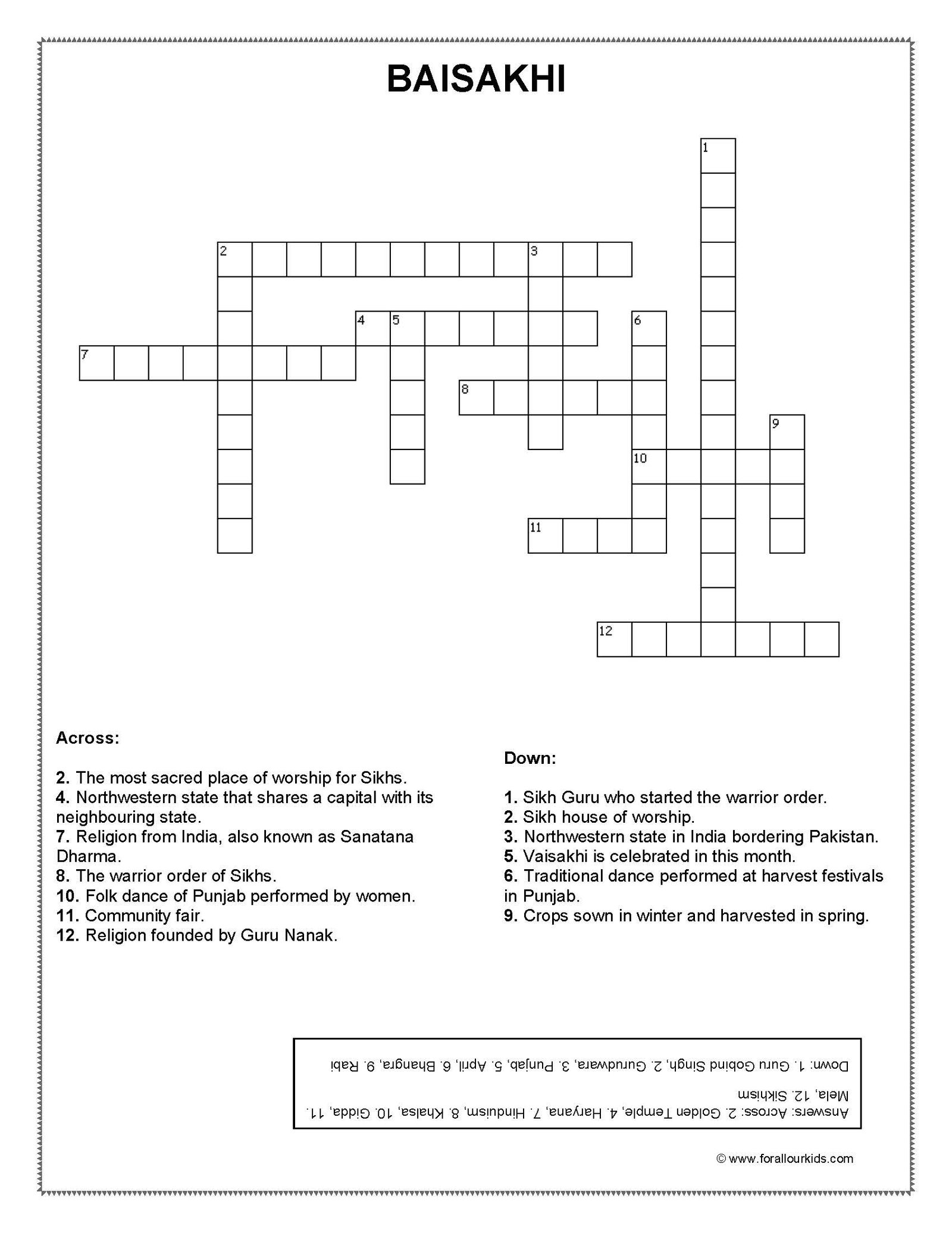 Crossword Puzzles: Festivals of India 1 For All our Kids